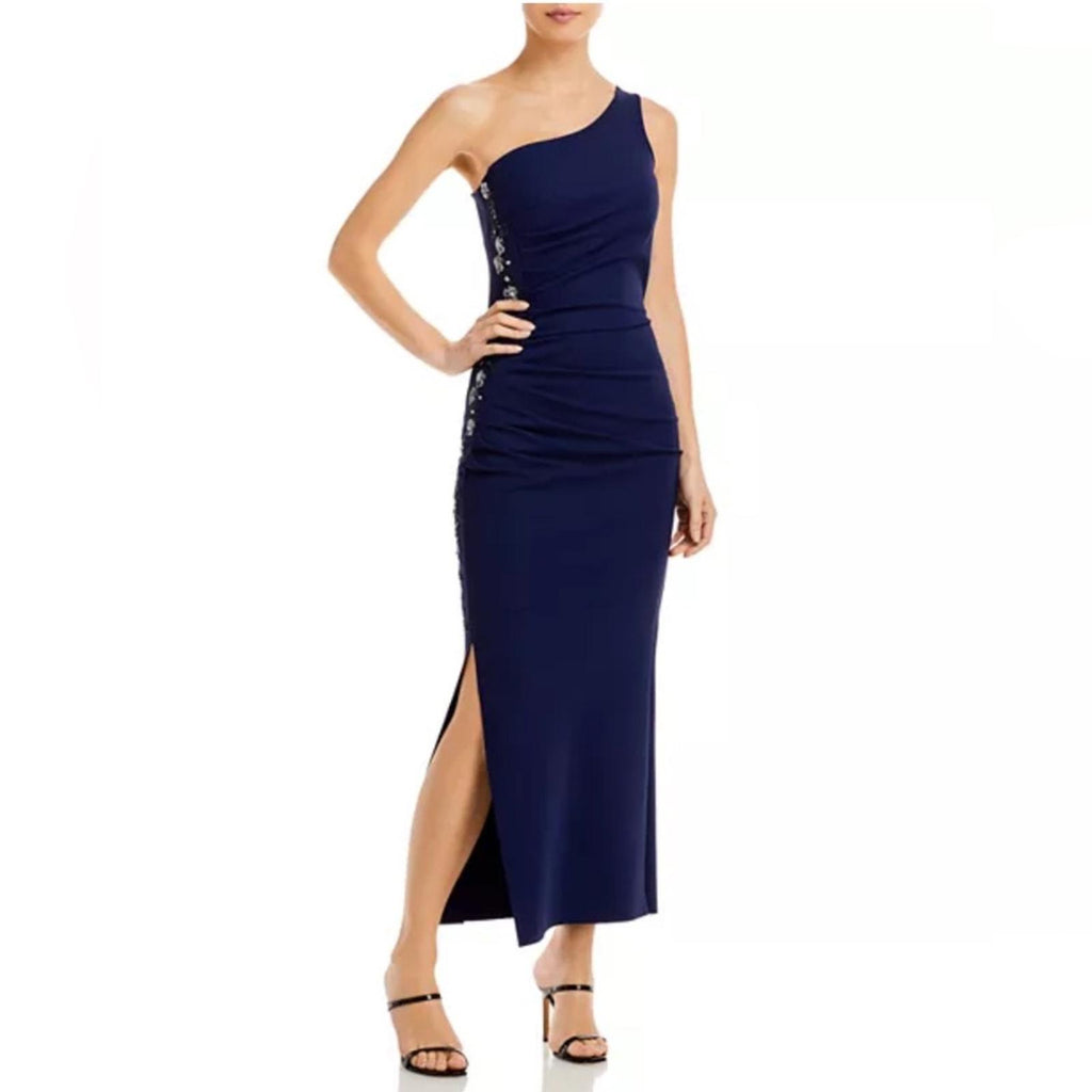Chiara Boni NAVY Lianette One-Shoulder Beaded Trim Dress, NEW, Size 16