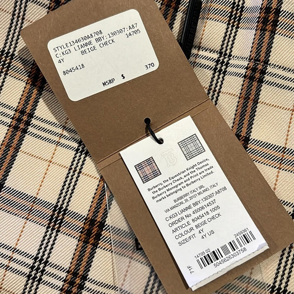 Burberry Kids Beige Check Logo Print Lianne Pleated Skirt, Size 4Y New w/Tag