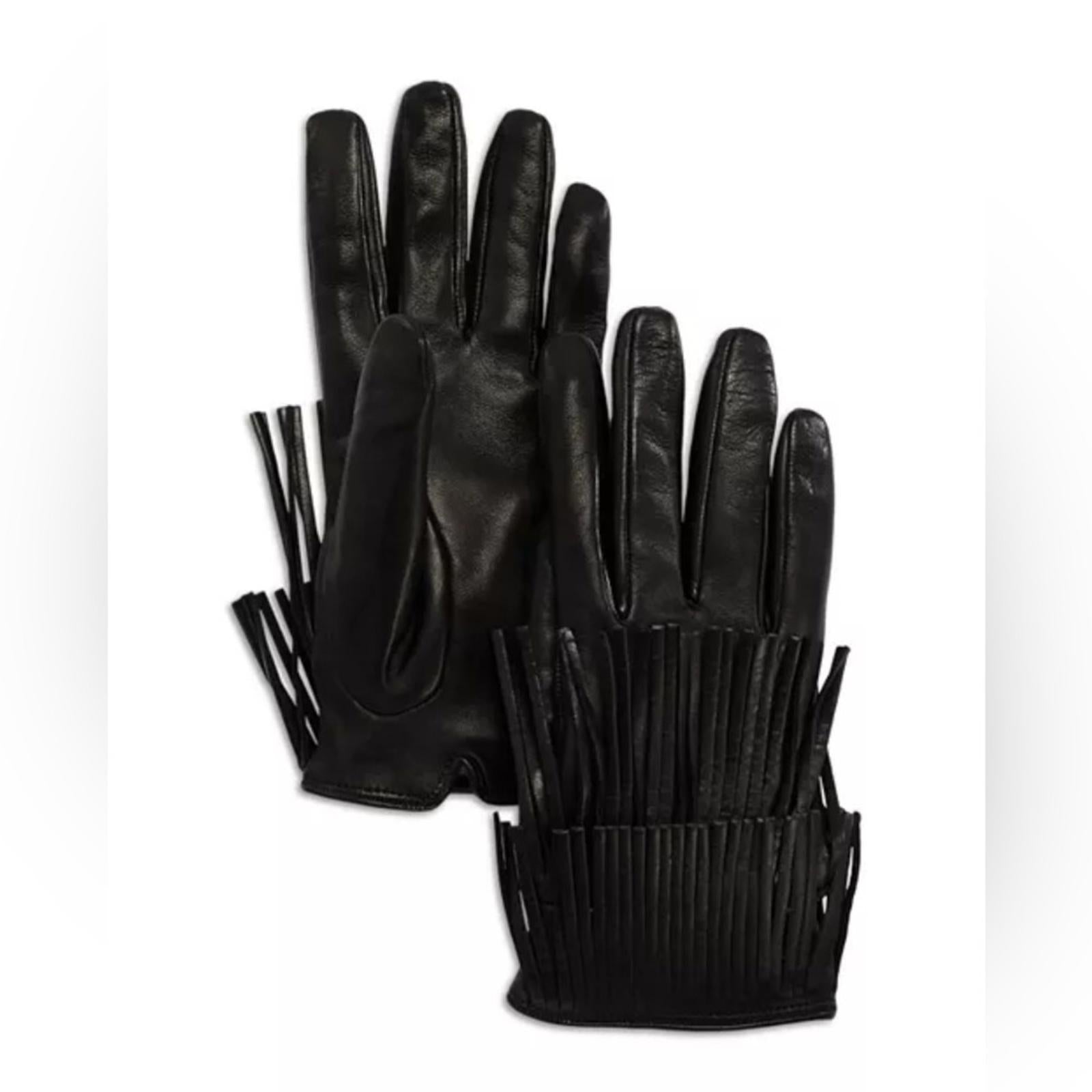 Bloomingdale's Fancy Fringed Leather Gloves in Black, Size 6.5 New w/Tag $158