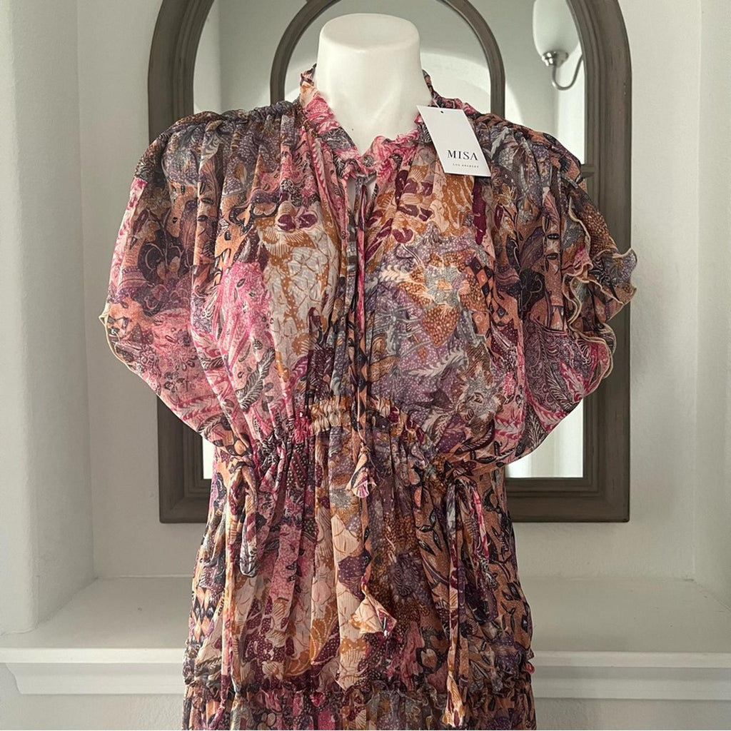 MISA Ilya Split-Neck Tiered Midi Dress, Boho Maxi Size XS New w/Tag $430
