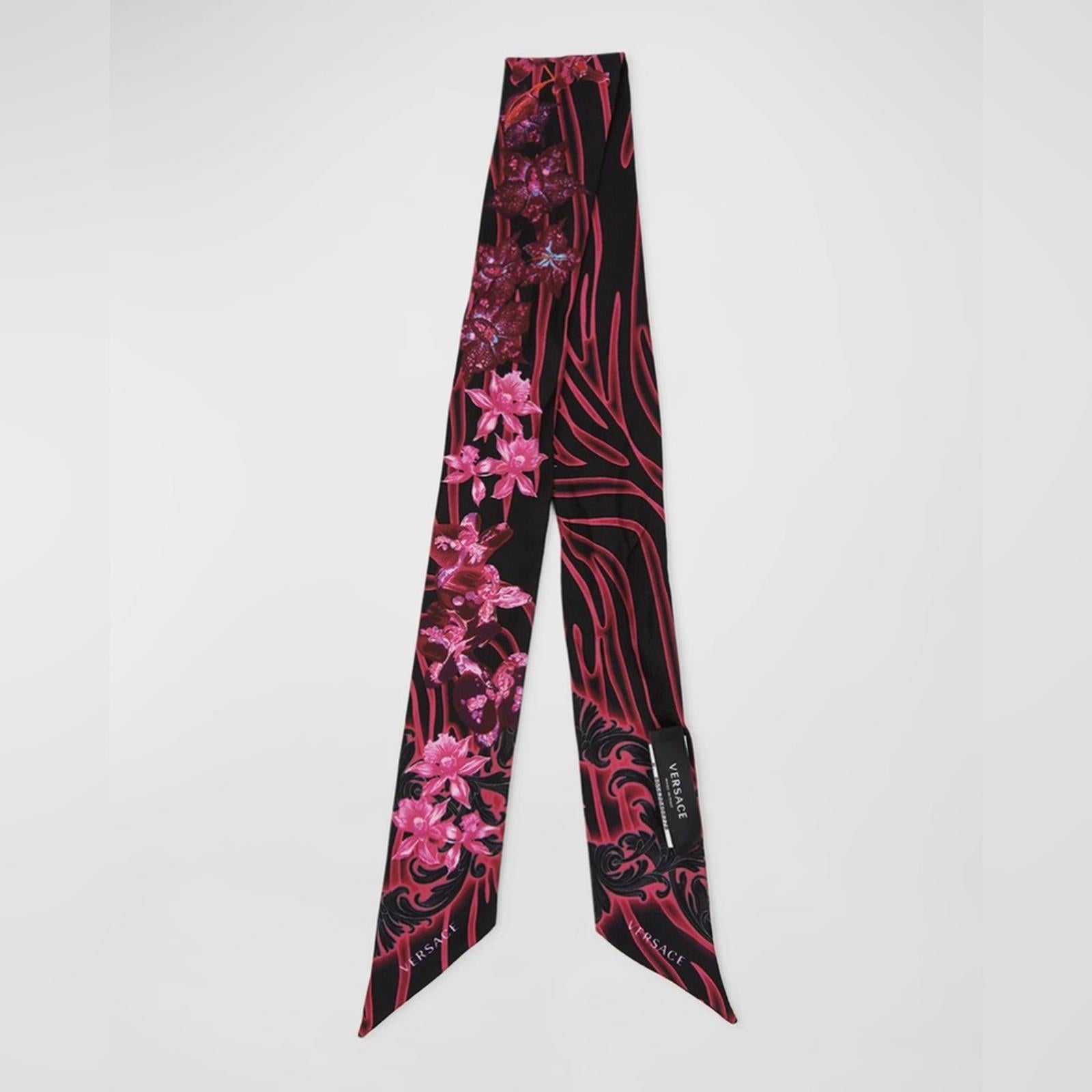 VERSACE Orchid Print Silk Skinny Scarf, NEW w/Tag