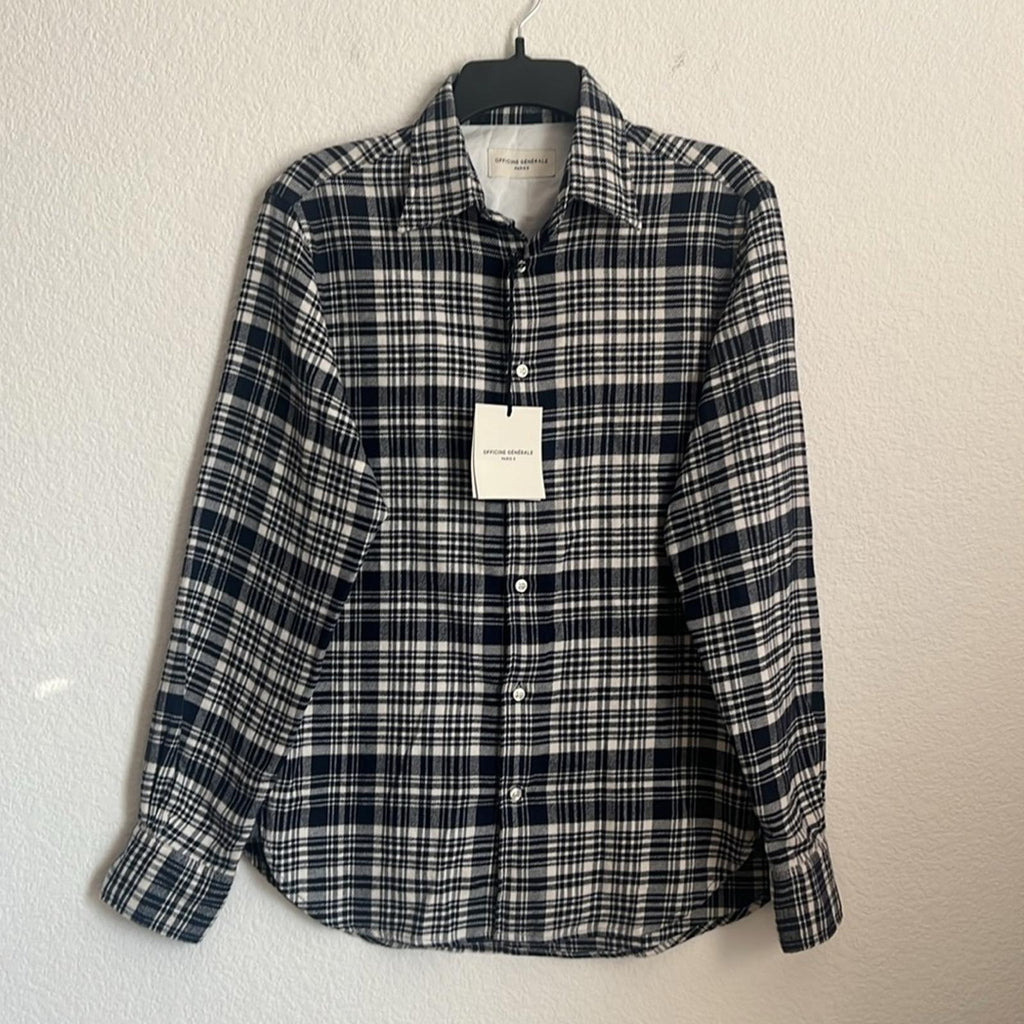 Officine Générale Giacomo Twill Check Shirt in Écru/Navy, Size S, NEW