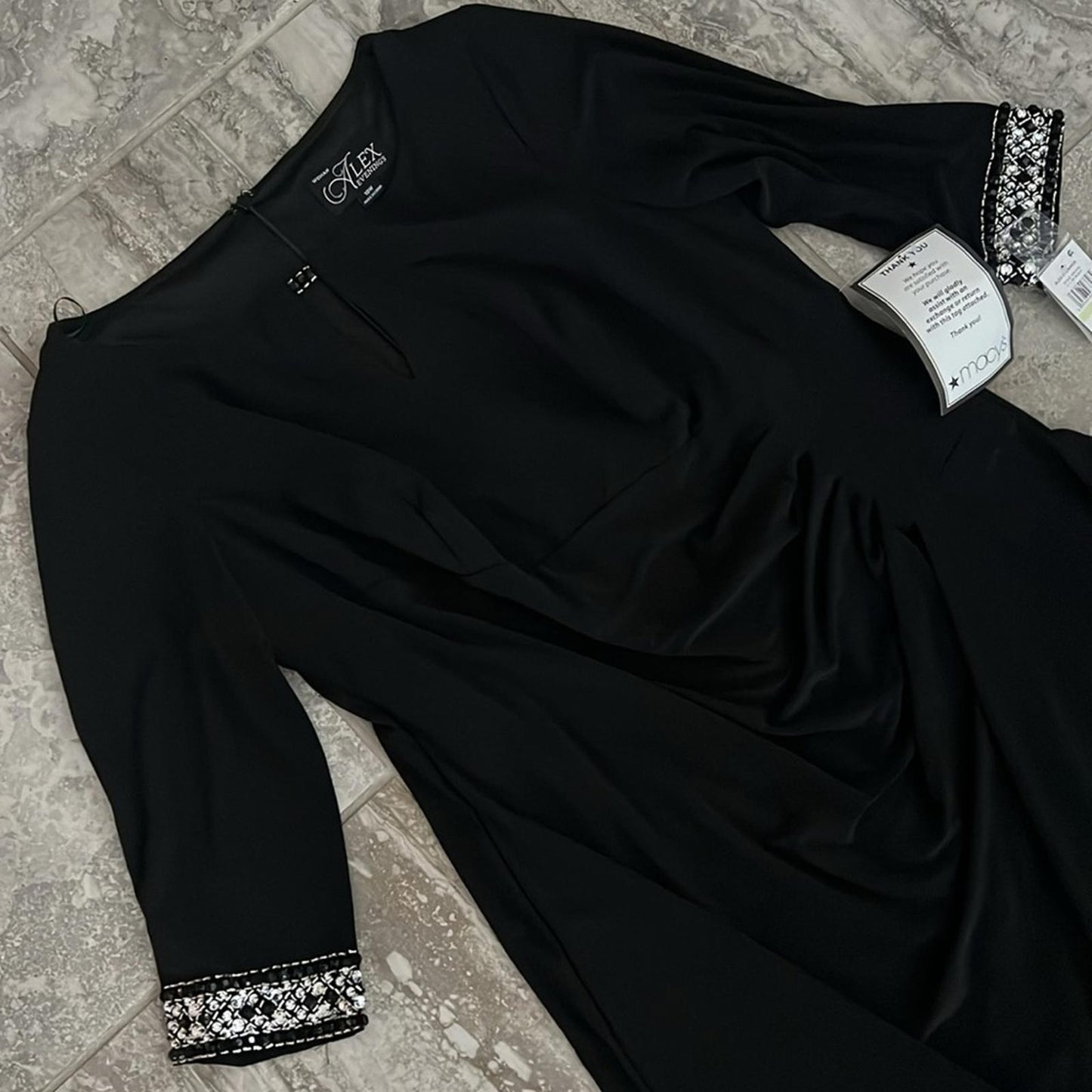 NWT Alex Evenings A-Line Dress w/Side Ruched Cascade Skirt, Black Size 18W $239
