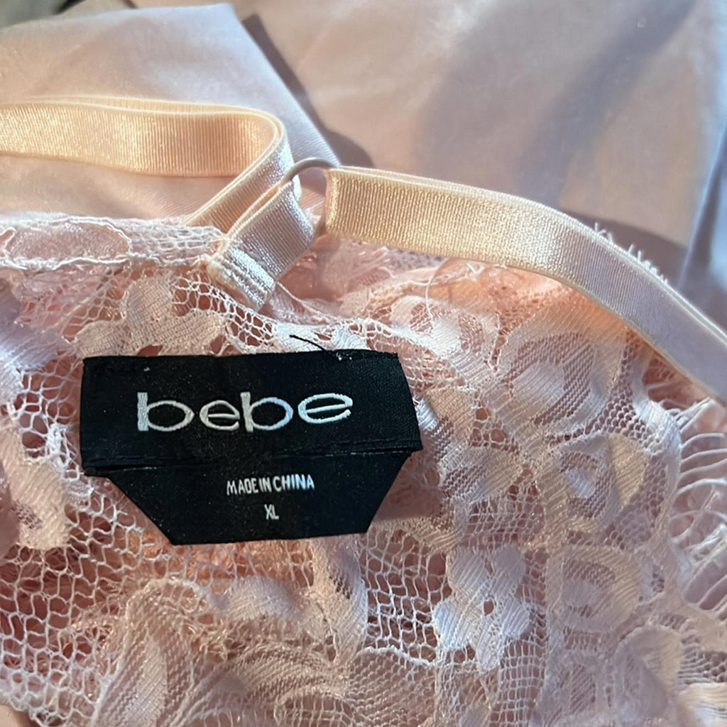 Bebe Lace Inset Sleeveless Eyelash Hem Bodycon Dress in Blush Pink, Size XL NWT