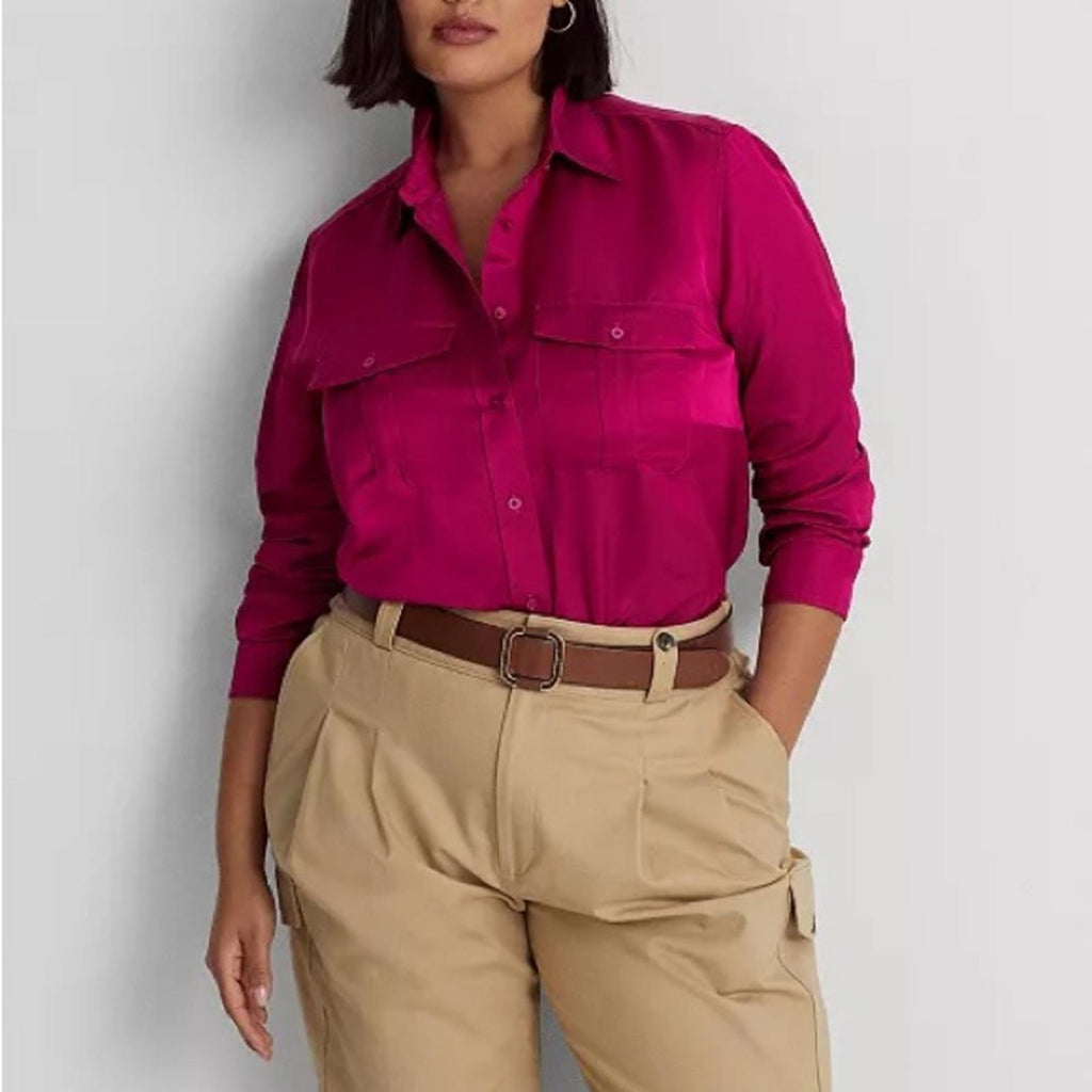 Lauren Ralph Lauren Satin Long Sleeve Buttoned Top in Fuchsia, Plus Size 1X NWT