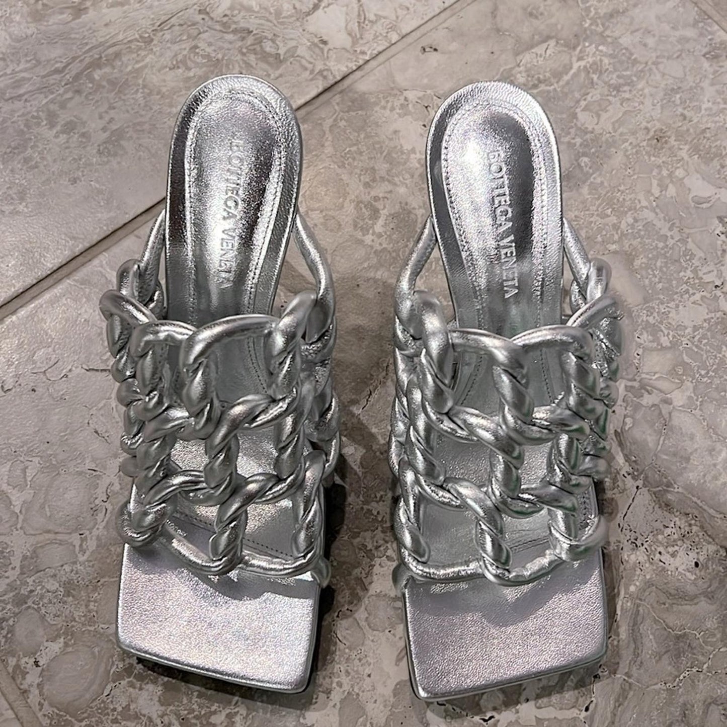 Bottega Veneta Stretch High Heel Slide Sandals in Silver Size 37.5 NEW+2DustBags