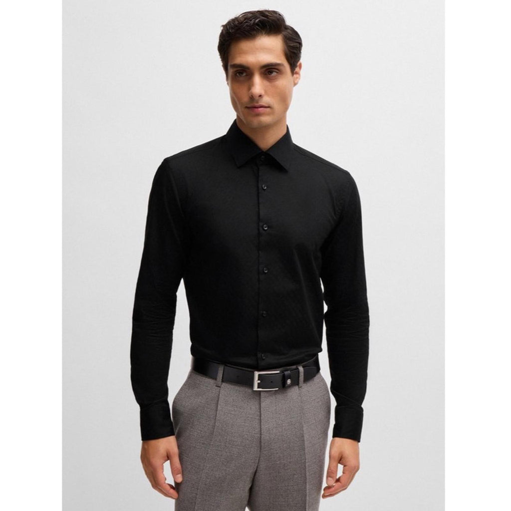 Boss Slim-Fit Shirt in Italian Cotton with Jacquard Monograms in Black Size 16.5