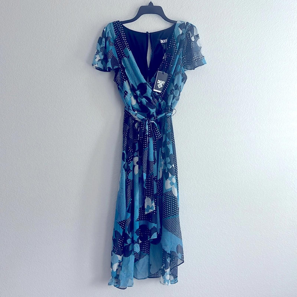 DKNY Faux Wrap Midi Dress in Blue Multi, NWT, Size 14