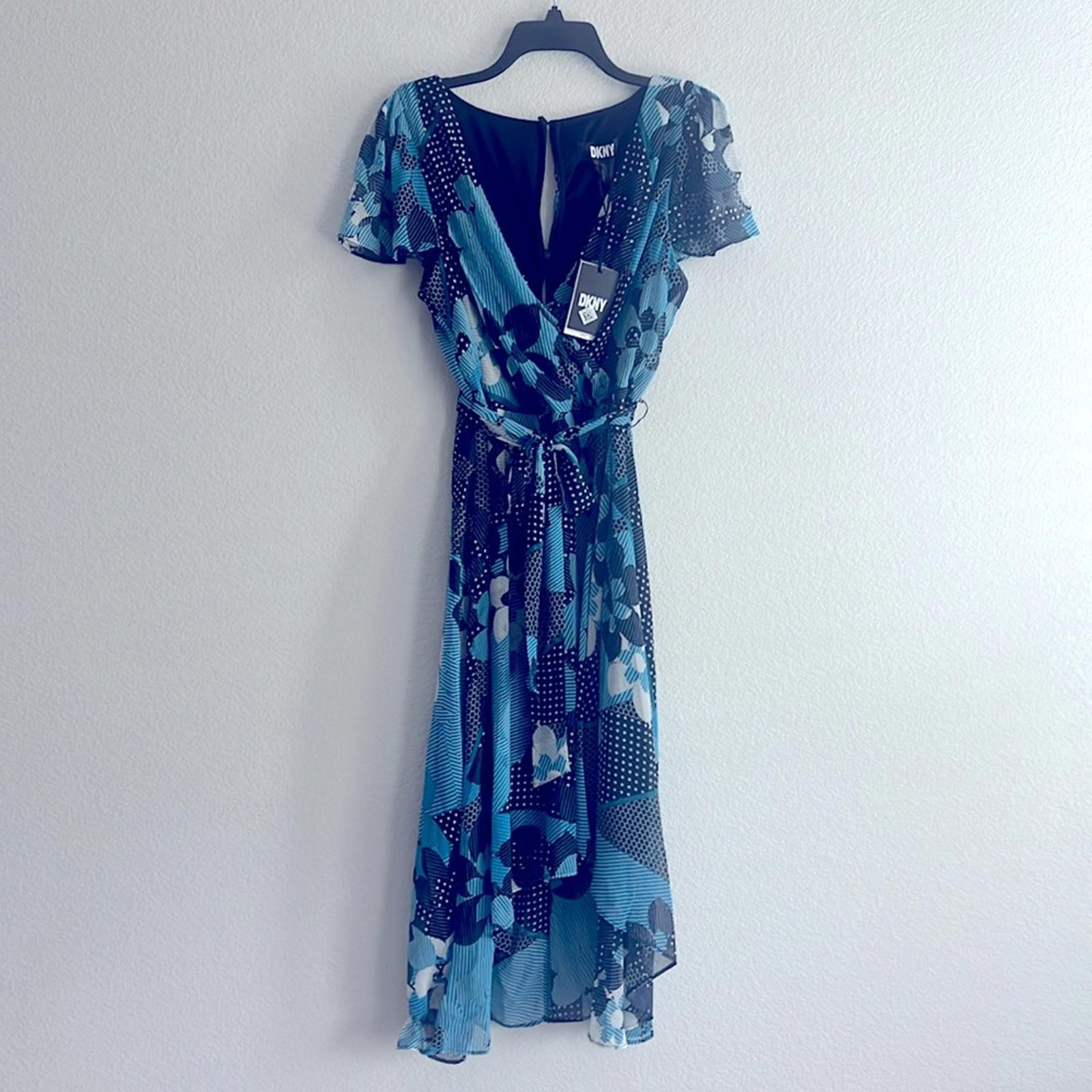 DKNY Faux Wrap Midi Dress in Blue Multi, NWT, Size 14