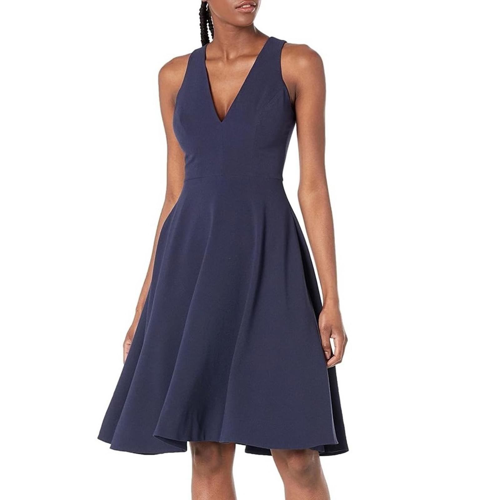 NEW Dress the Population Catalina Plunging V-Neck Dress, Midnight Blue Size L