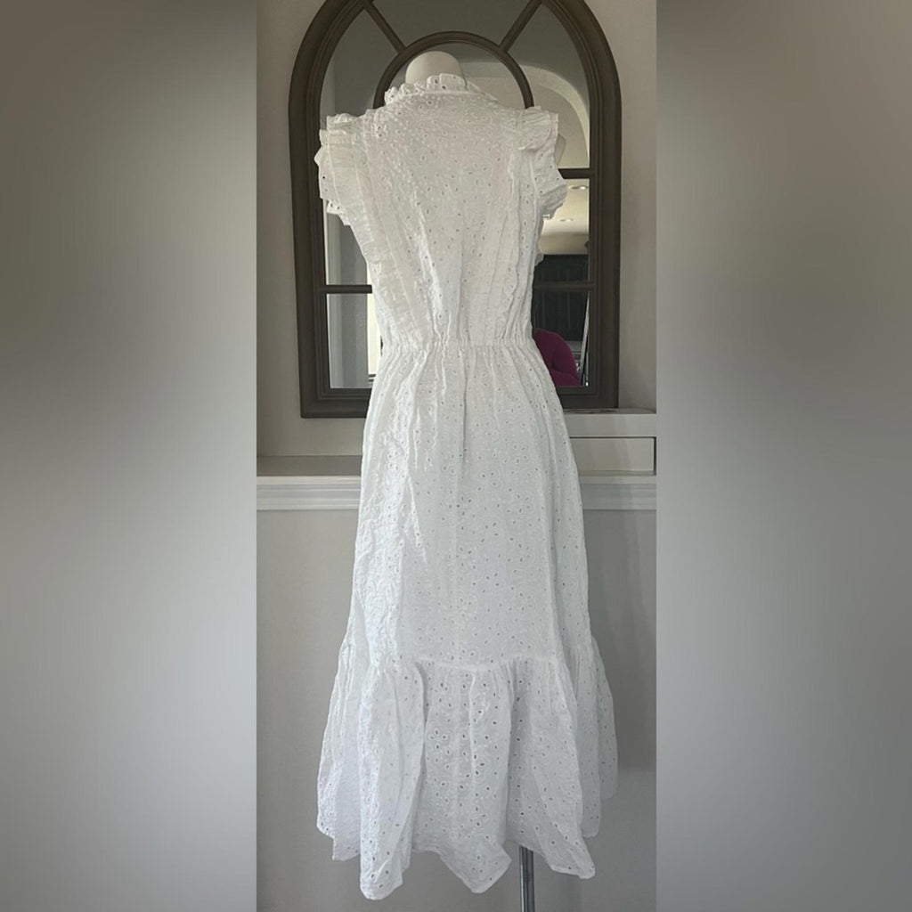 Polo Ralph Lauren Linen Ruffled Eyelet Midi Dress, White Size 4 New w/Tag $398