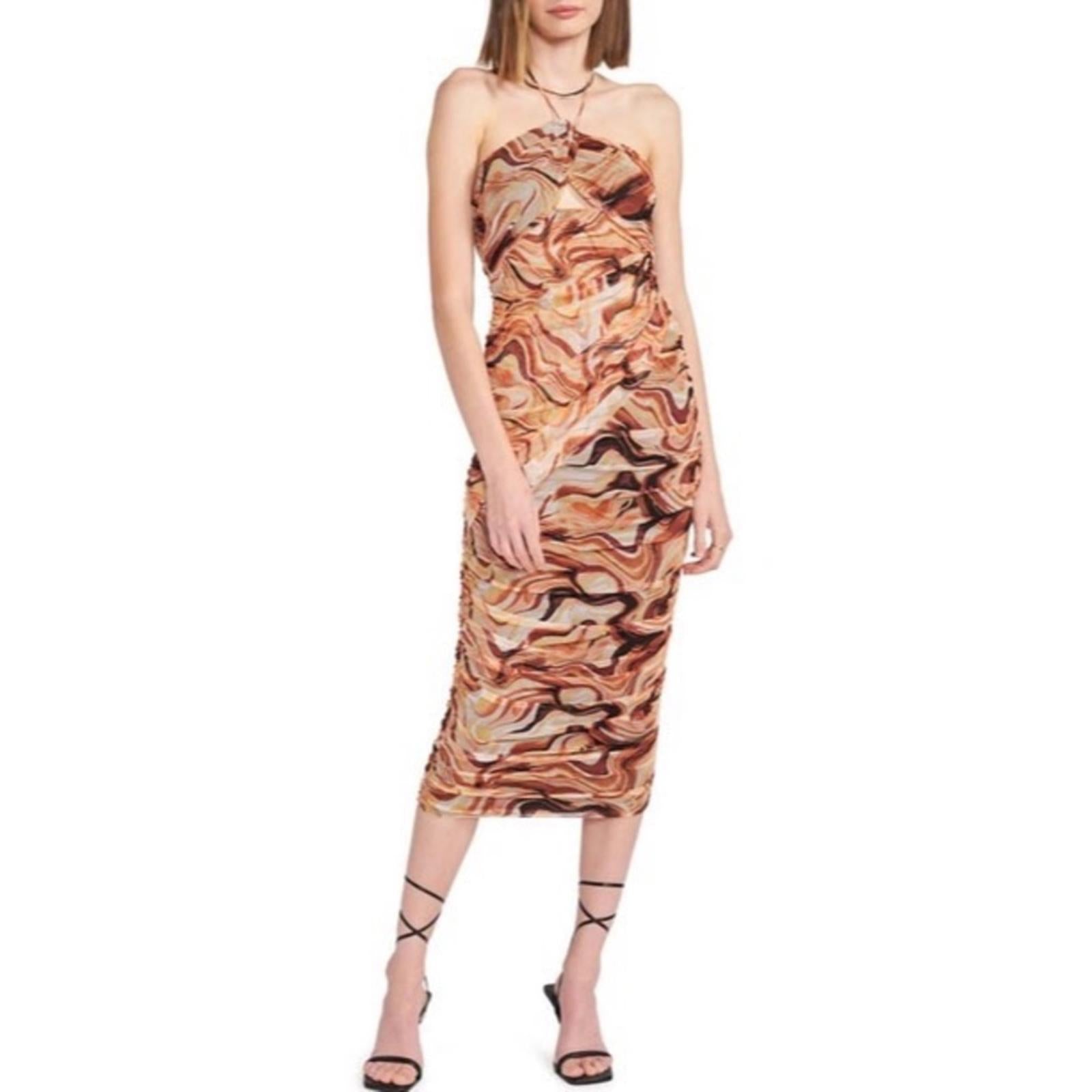 New EN SAISON Esther Ruched Cut-Out Midi Dress in Brown Size L NWOT Retail $136