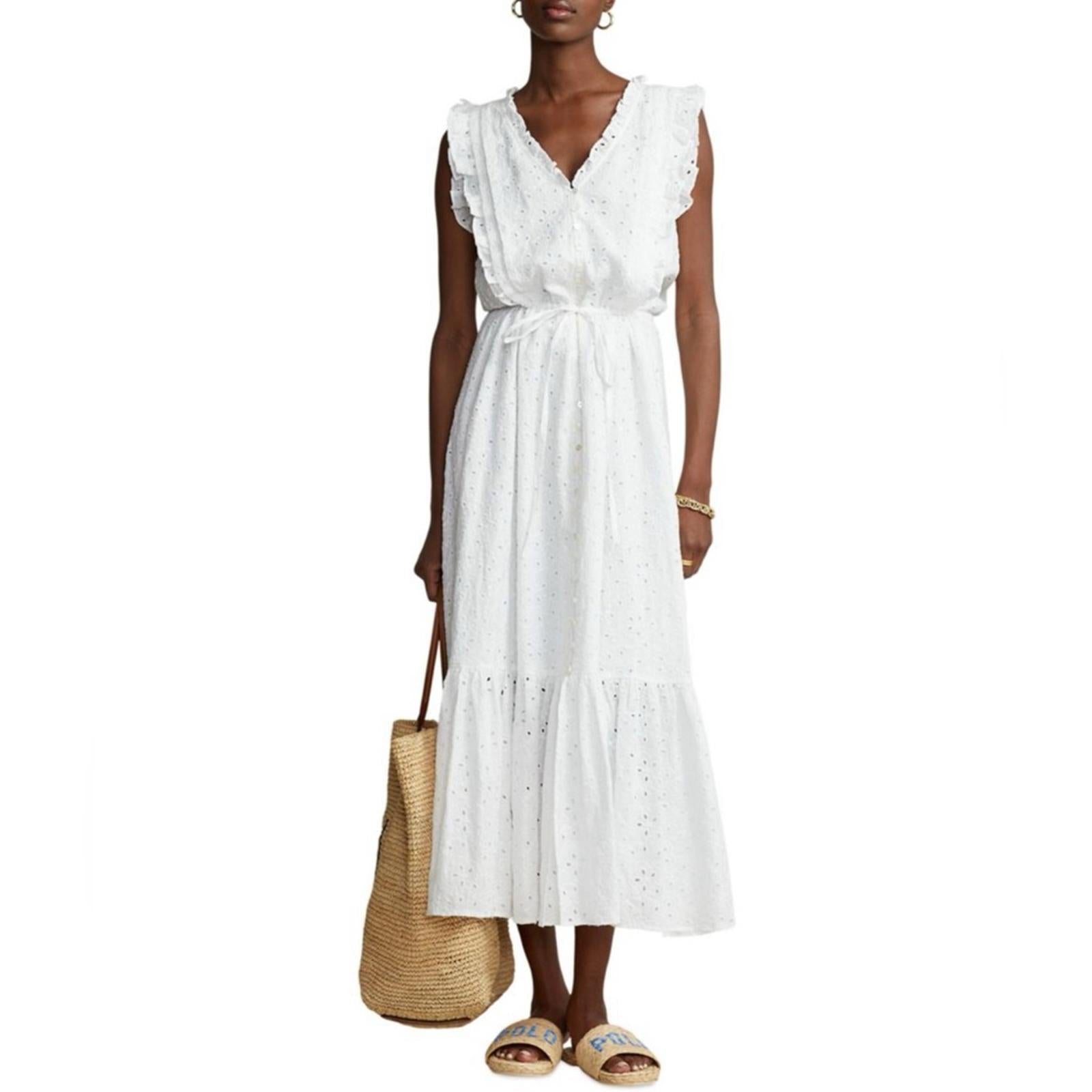 Polo Ralph Lauren Linen Ruffled Eyelet Midi Dress, White Size 4 New w/Tag $398