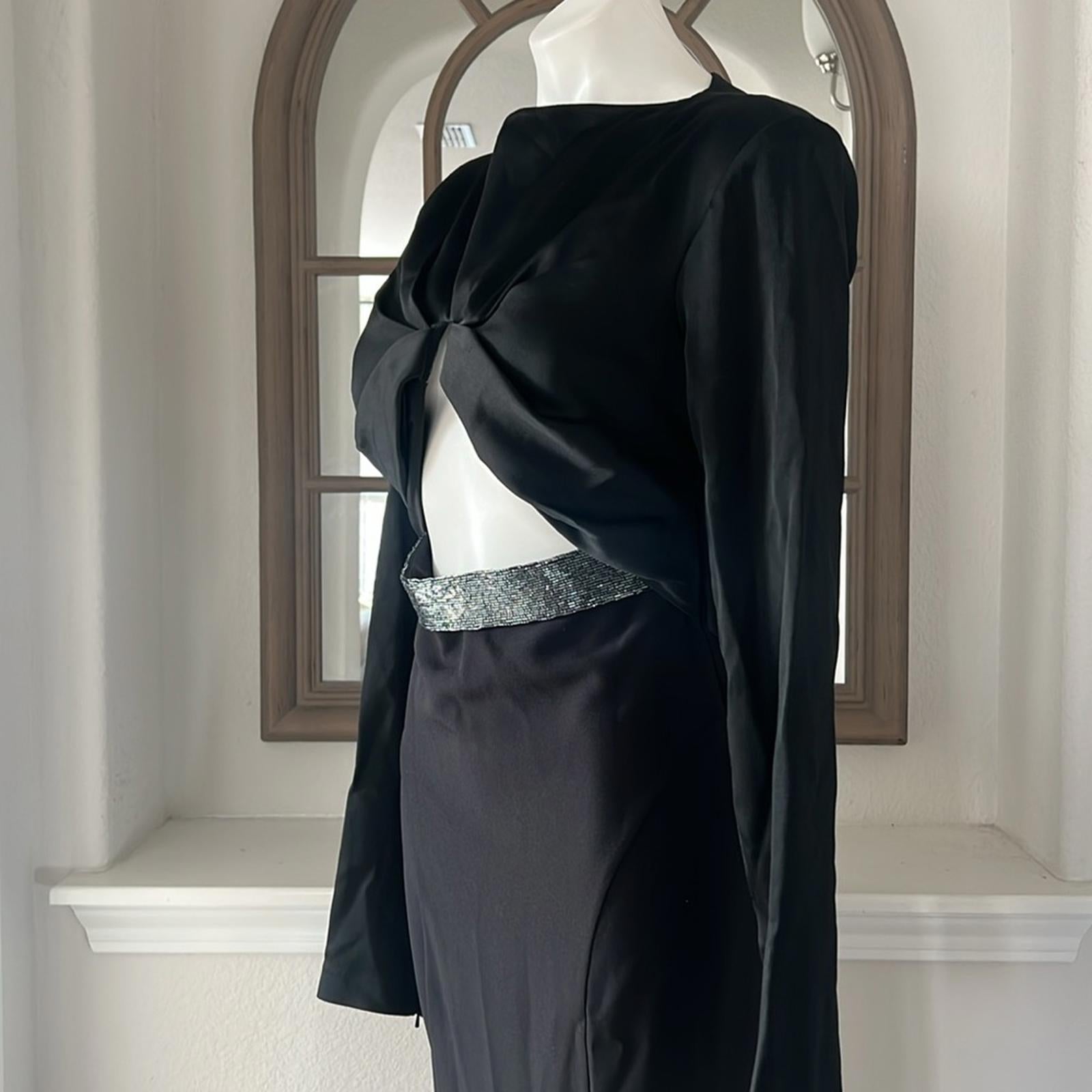 Safiyaa BLACK Cutout Beaded Belt Gown with Gun Metal, Size FR42 US10 NWT $2,615