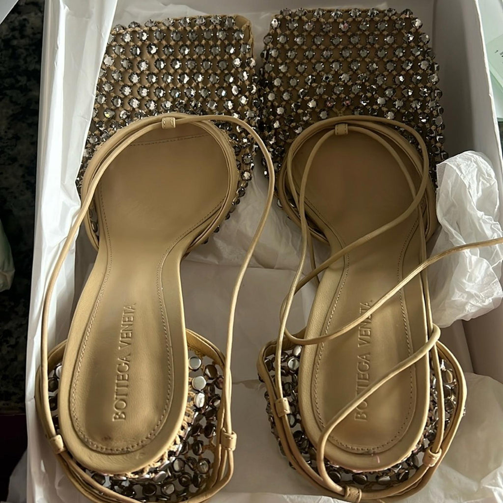 Bottega Veneta Sparkle Stretch Lace-Up Sandals, Toile Size 41 New in Box $1950