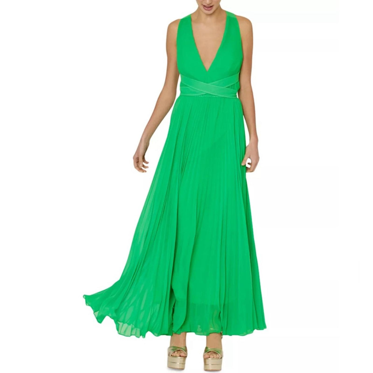 MILLY Oria Pleated Sleeveless Cross Back Dress, Kelly Green, Size 6 New w/Tag