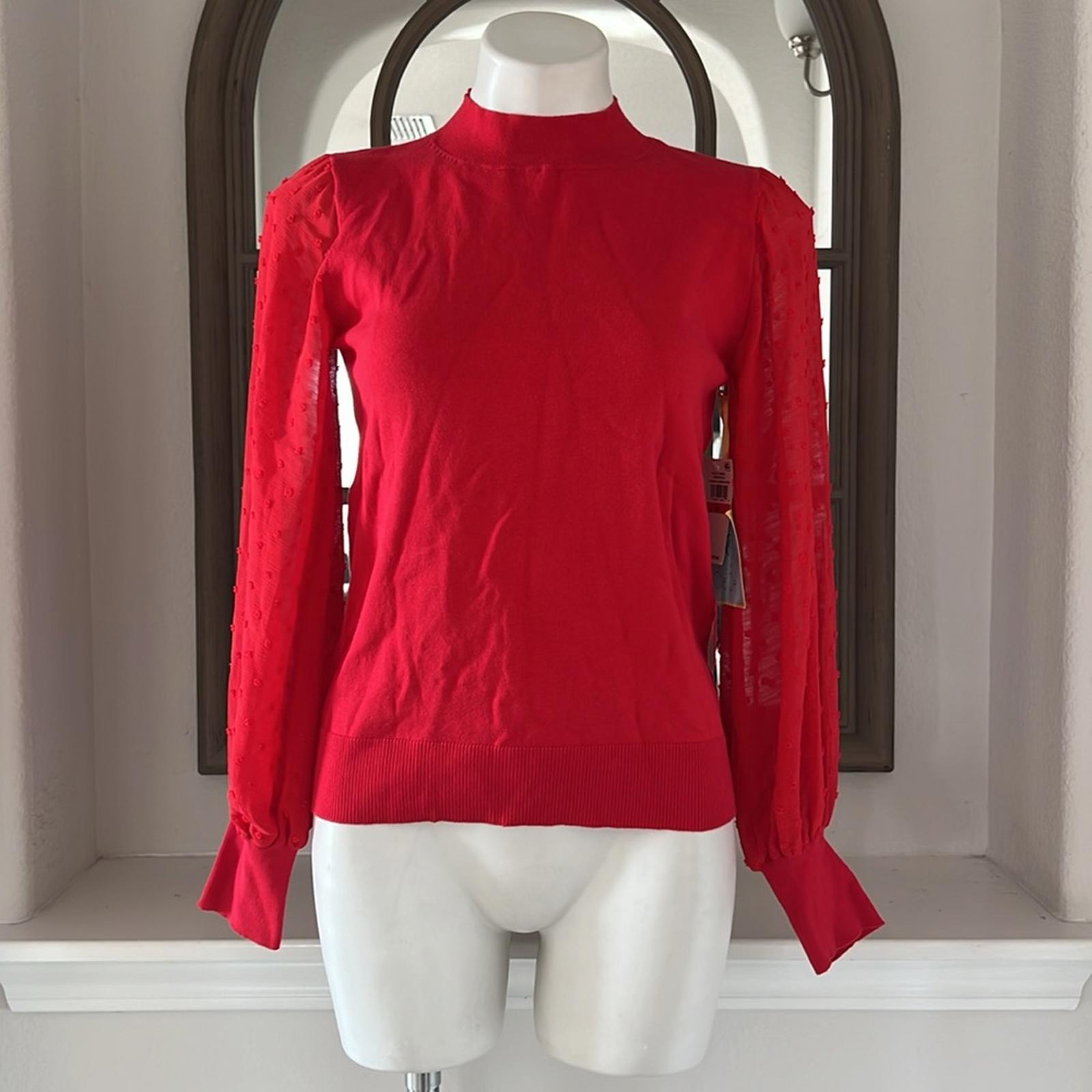 CeCe Clip Dot Sleeve Crewneck Sweater in Red, New w/Tag