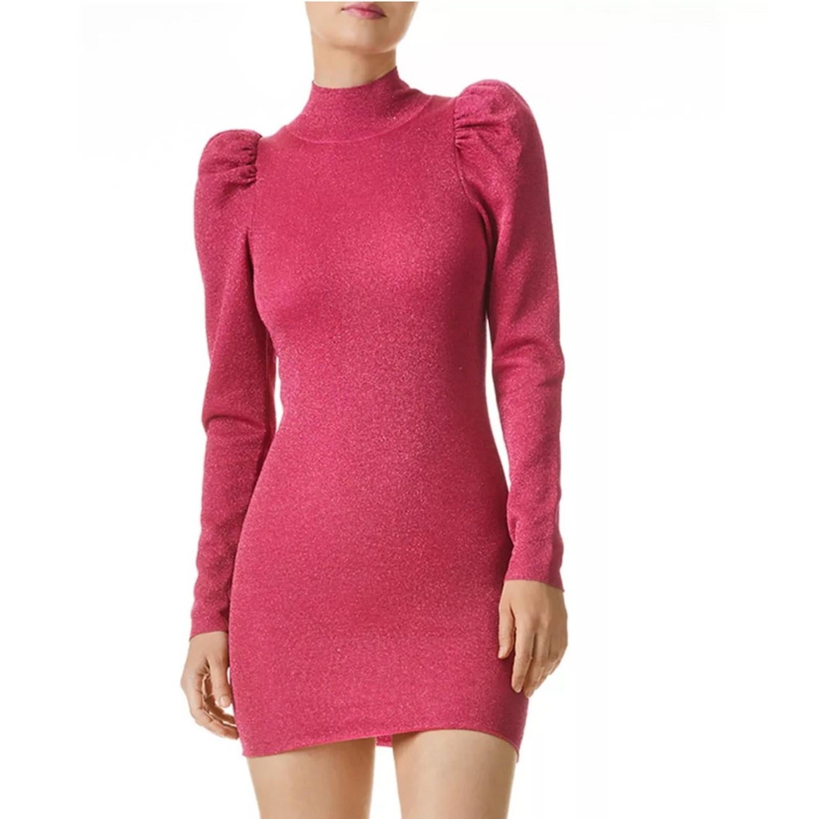 Alice+Olivia Issa Turtleneck Puff Sleeve Dress, Pink Metallic Size L NWT $395
