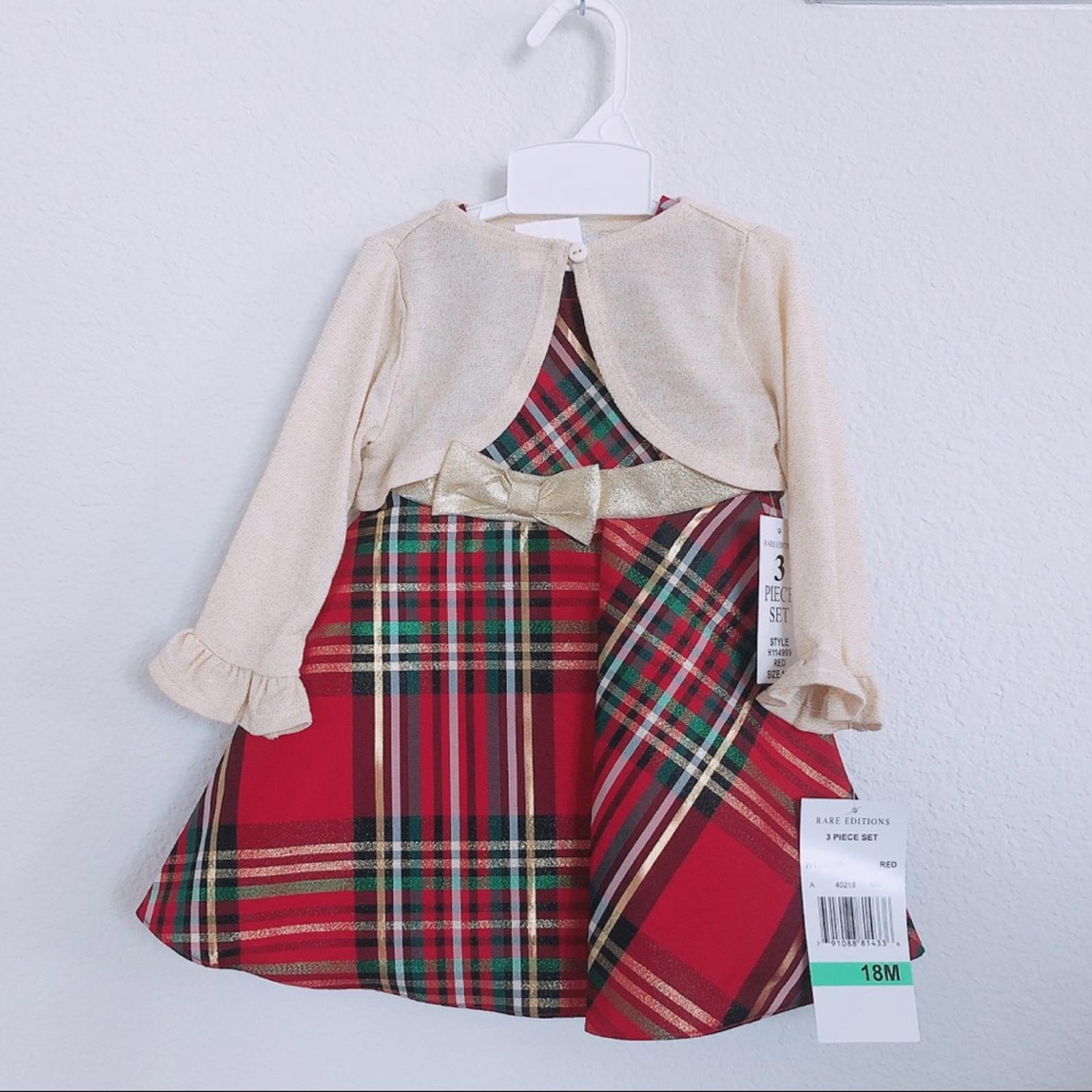 Rare Editions 3-Piece Plaid Taffeta Fit & Flare Dress+Cardigan w/Panty Size 18 M