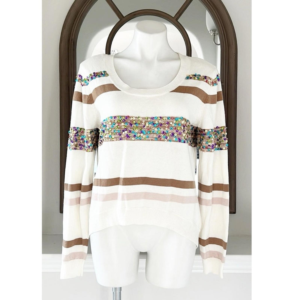 Willi Smith Hi-Low Crewneck Striped Sweater w/Sequin Detail Size L EXCELLENT!