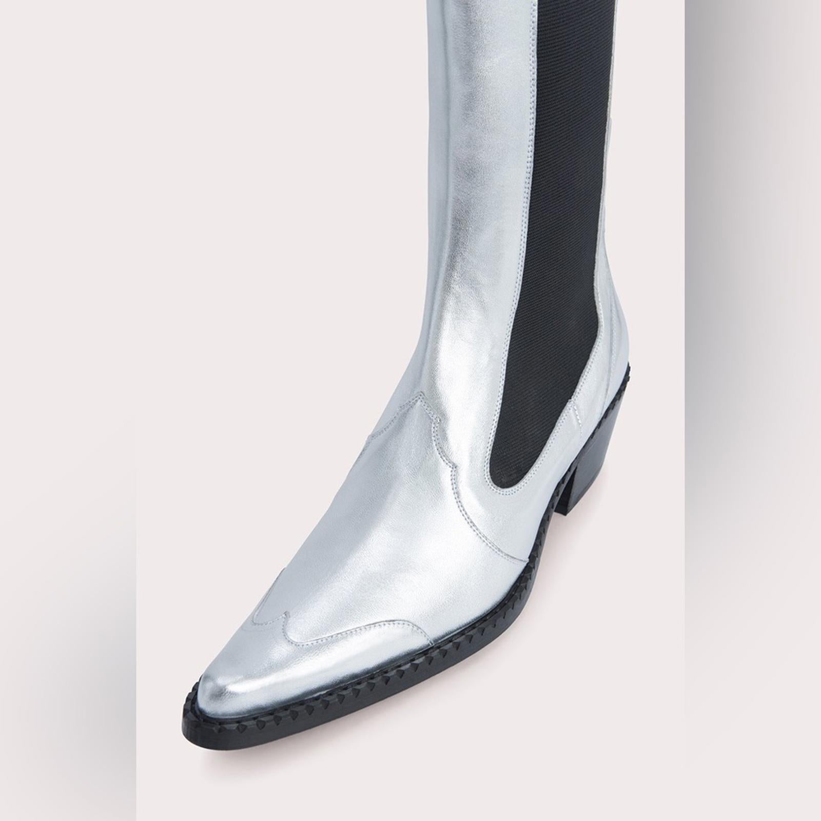 By Far Otis Chelsea Boots, Silver Metallic Leather Size 37 New in Box +Dust Bag