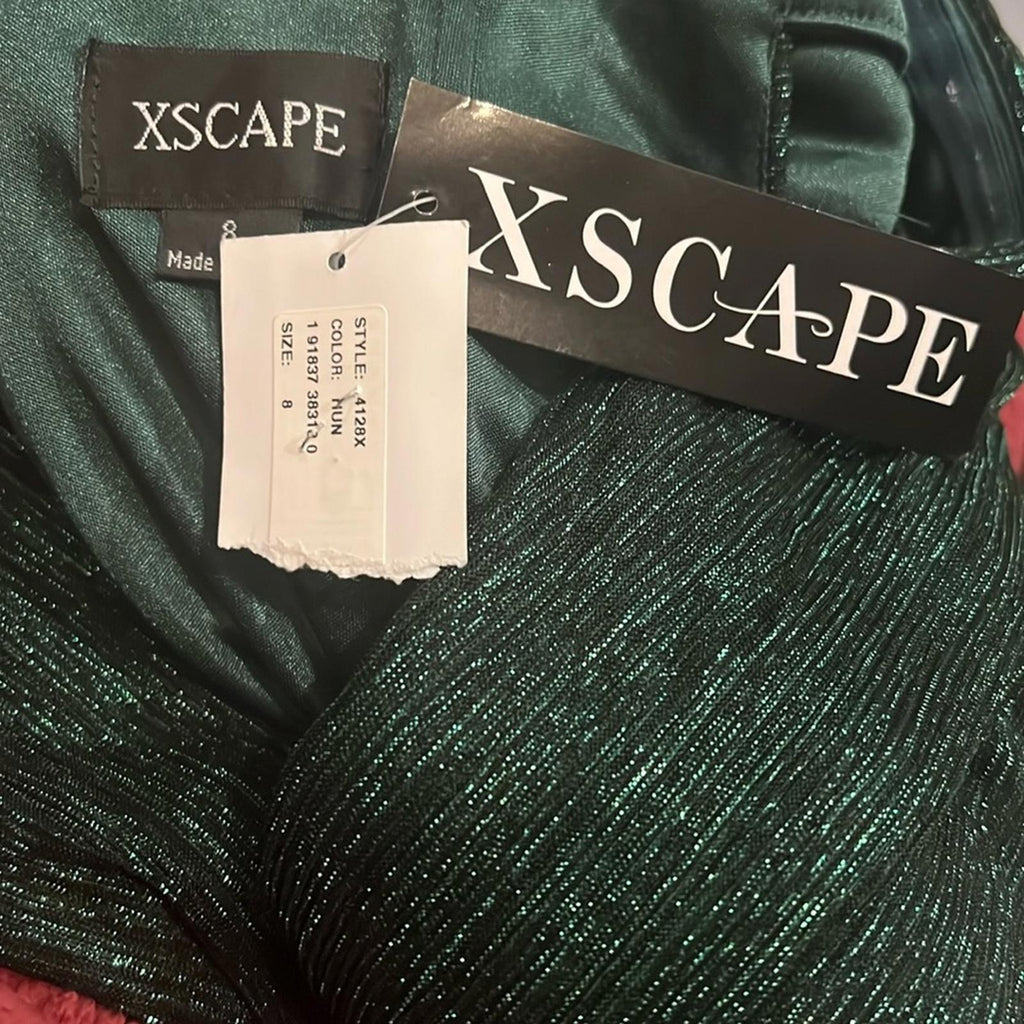 NEW XSCAPE Off-the-Shoulder Pleated Metallic Gown, Green Size 8 New w/Tag $269