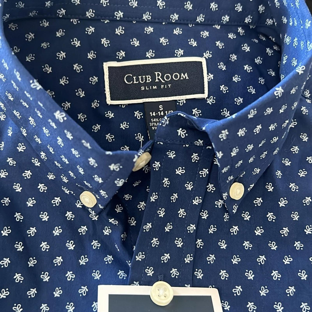 Club Room Ditsy Floral Button Down Dress Shirt Navy White, Size S (14-14.5) NWT