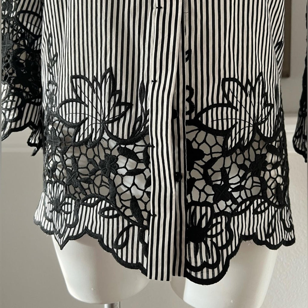 Ellie Tahari Clark Shirt Striped Lace Trim in Black & White New w/Tag $298
