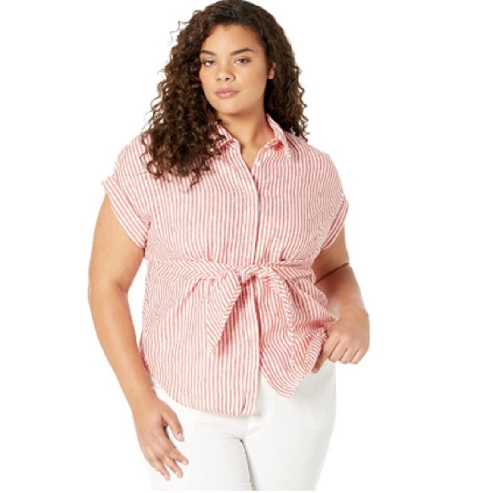 Lauren Ralph Lauren Striped Tie Front Linen Shirt in Red/White, Size 2X, NEW
