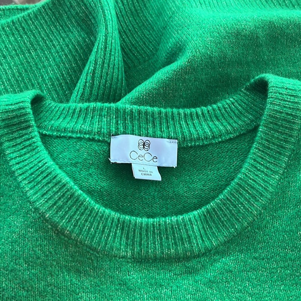 NEW CeCe Juliet Sleeve Puff Sleeve Crewneck Sweater, Green Size L New w/Tag