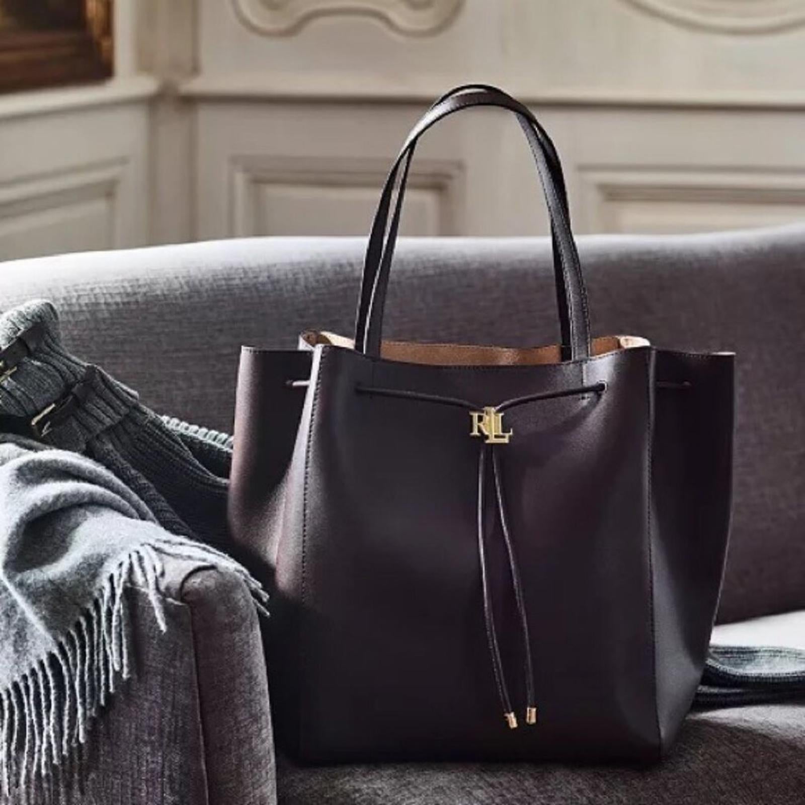 NEW Lauren Ralph Lauren Andie Large Leather Drawstring Tote in Black New w/o Tag