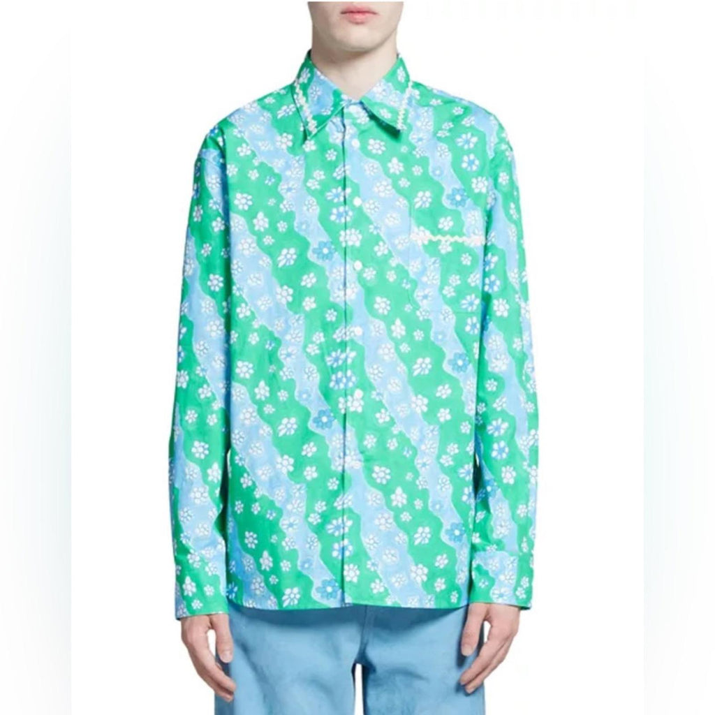 Marni Printed Button Up Shirt in Green/Blue, Size 46, New w/Tag
