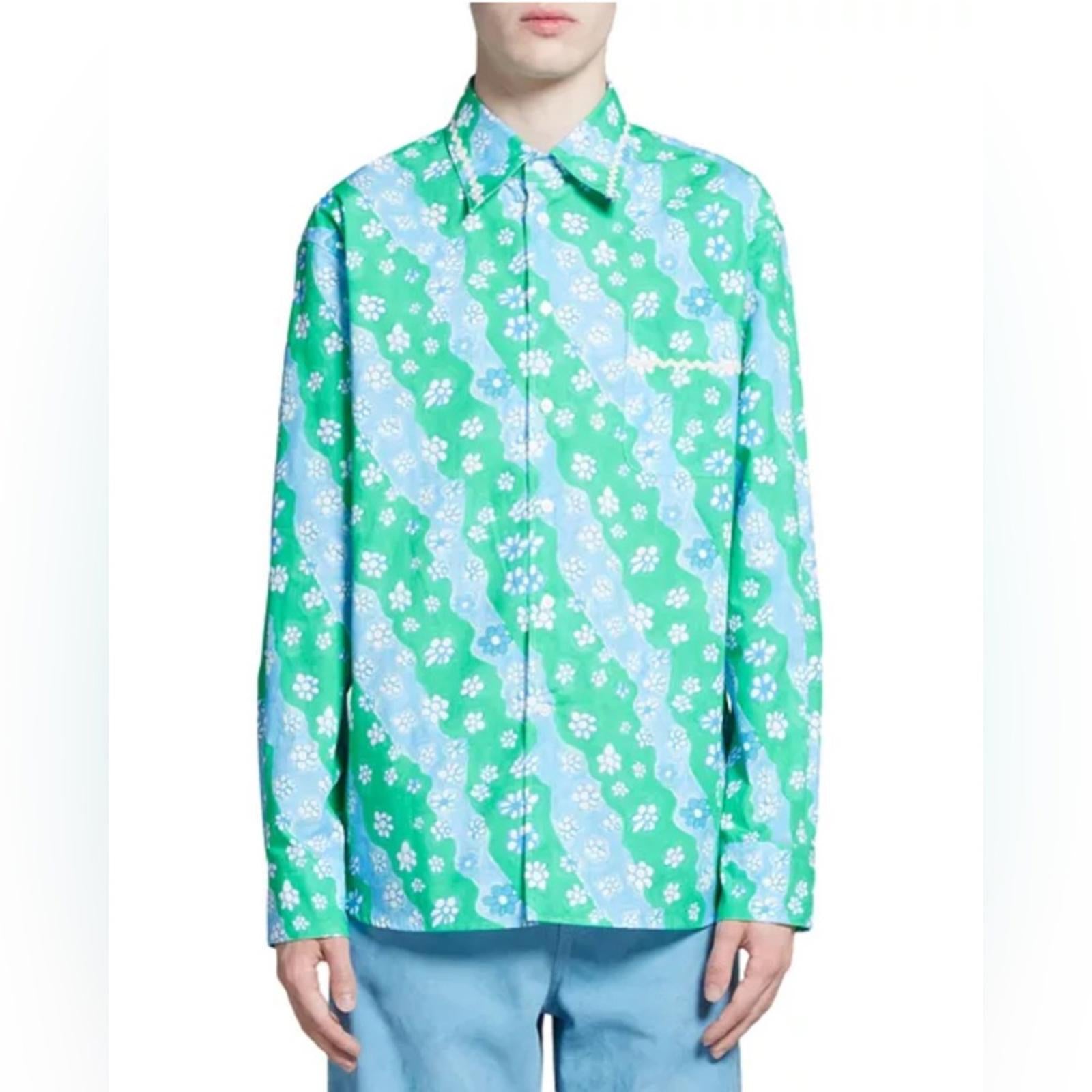 Marni Printed Button Up Shirt in Green/Blue, Size 46, New w/Tag