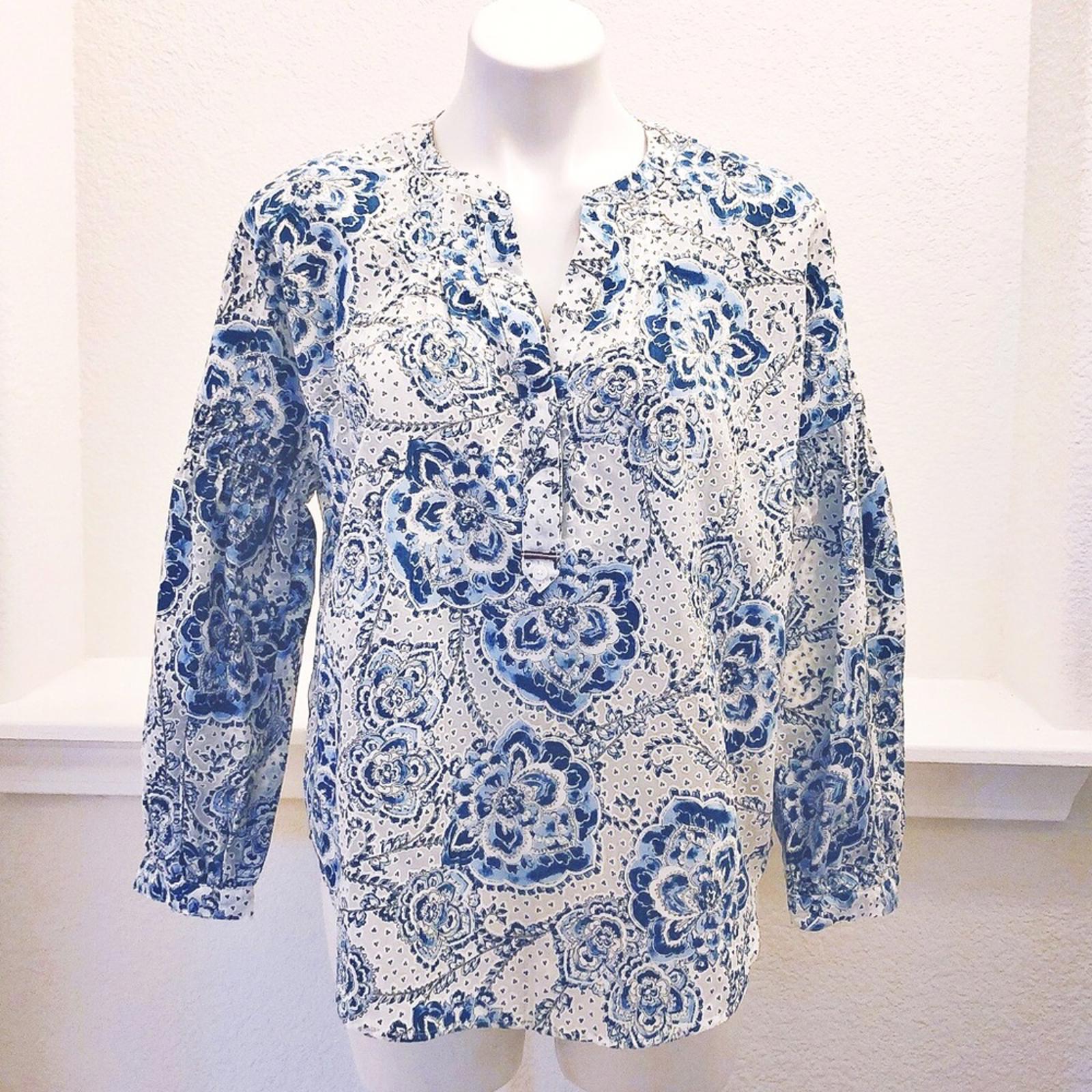 NWT Tommy Hilfiger Printed Blouson-Sleeve Blouse in Blue White Size S New w/Tag