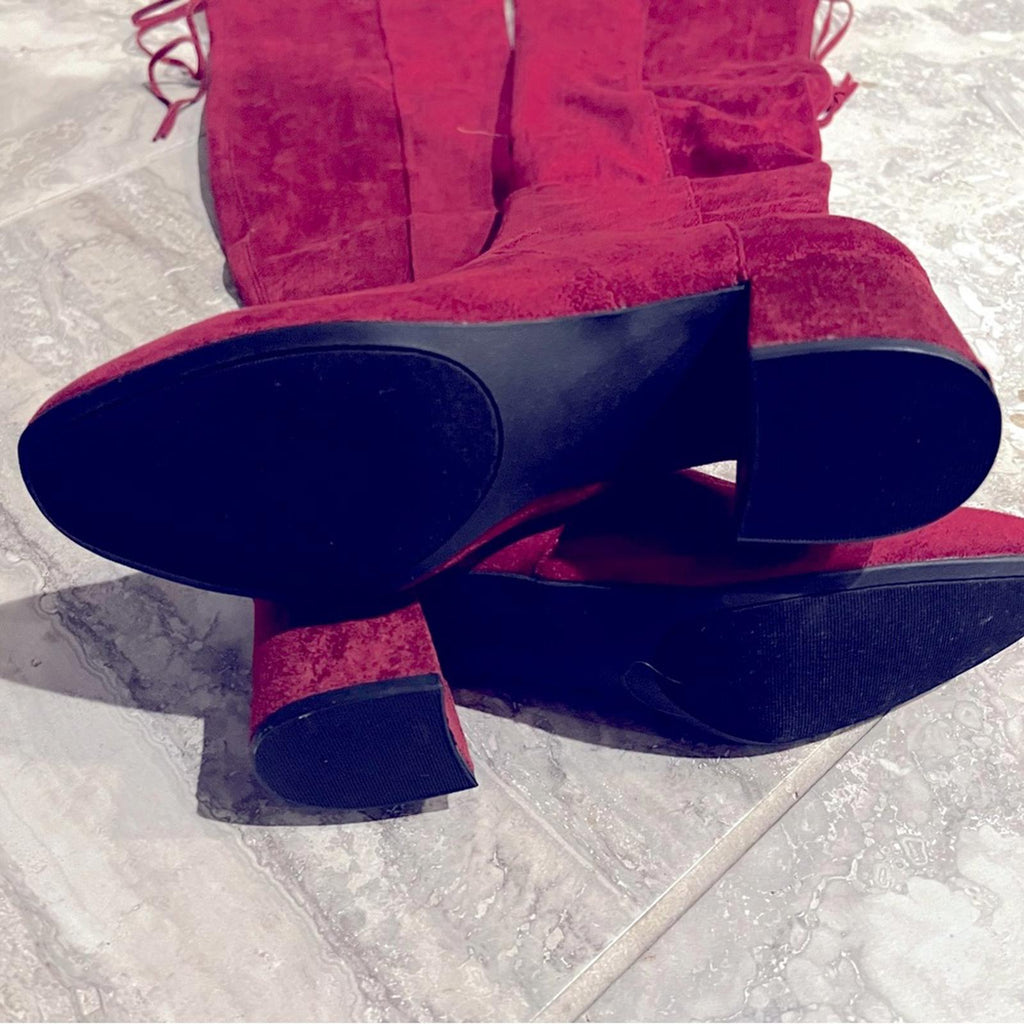 Sugar Ollie Over The Knee High Calf Boots in Burgundy, Size 7.5 New in Box