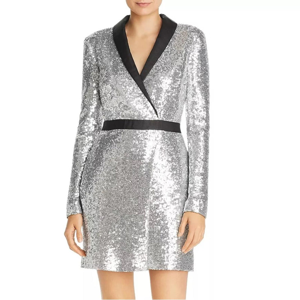 Rachel Zoe Meryl Sequin Faux Wrap Dress in Silver, Size 6 New w/Tag $345