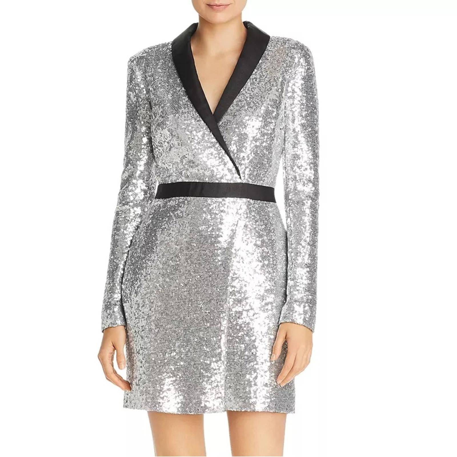 Rachel Zoe Meryl Sequin Faux Wrap Dress in Silver, Size 6 New w/Tag $345