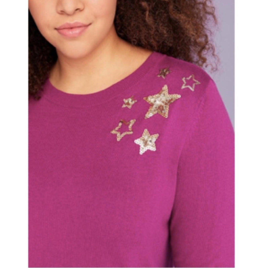 Lane Bryant Sequin Star Graphic Sweater in Fuchsia, Size 26/28 New w/Tag