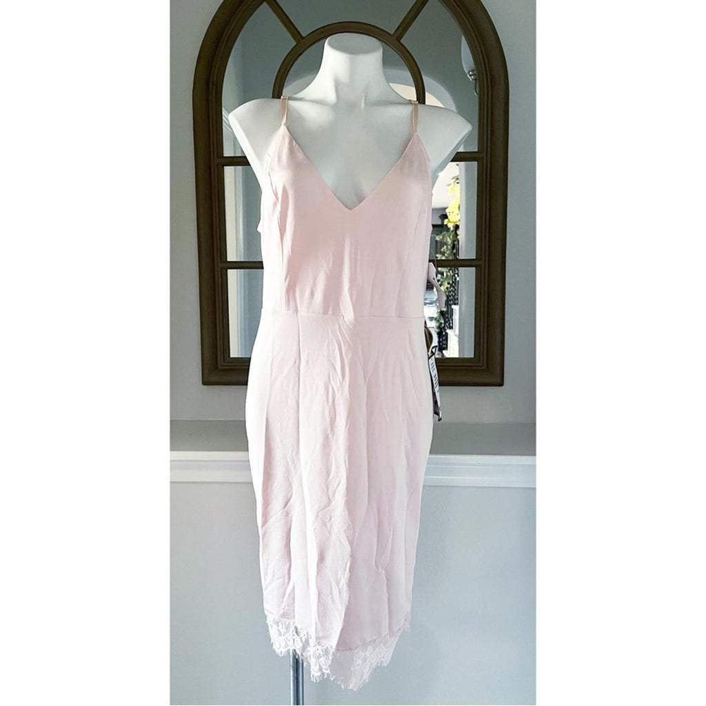 Bebe Lace Inset Sleeveless Eyelash Hem Bodycon Dress in Blush Pink, Size XL NWT