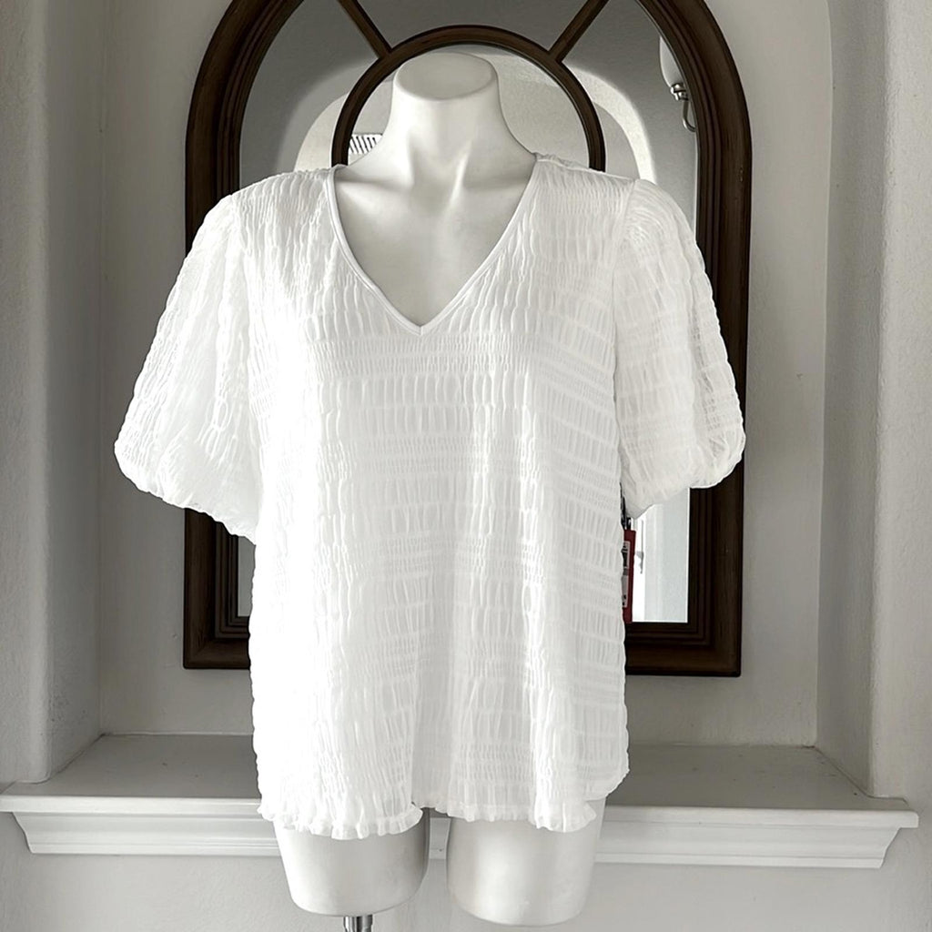 Vince Camuto Smocked Top, Blooming Brights in Ultra White Plus Size 1X NWT $99