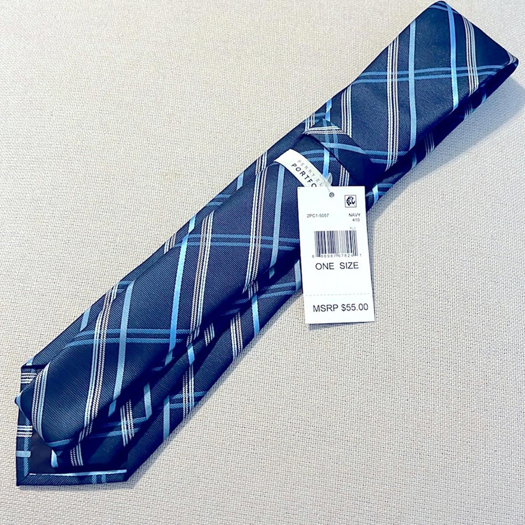Perry Ellis Portfolio Diagonal Plaid Navy Neck Tie, Blue New w/Tag