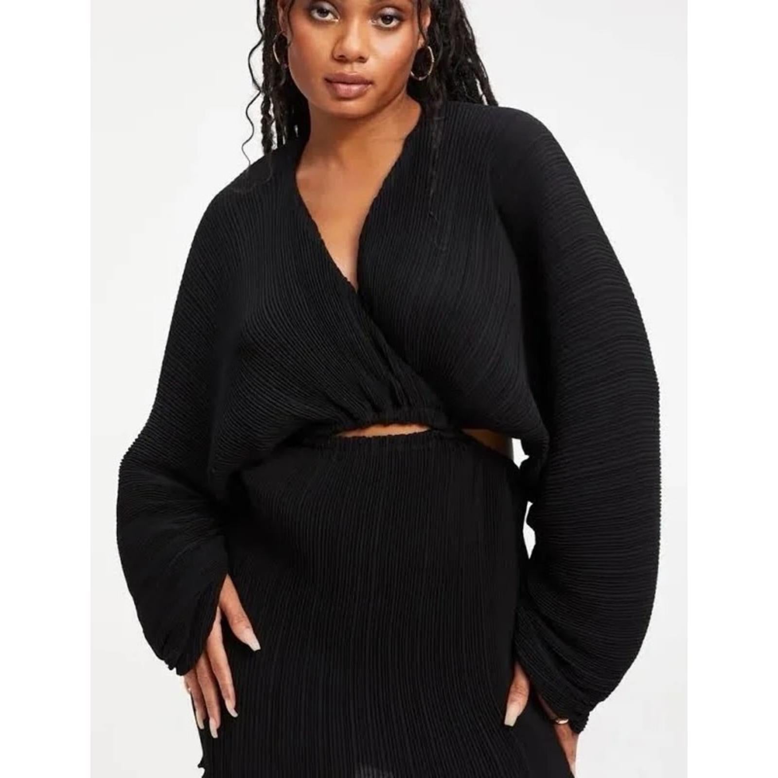 Good American Plissé Sculpted Long Sleeve Cutout Black Mini Dress, NWT, Size 3/4