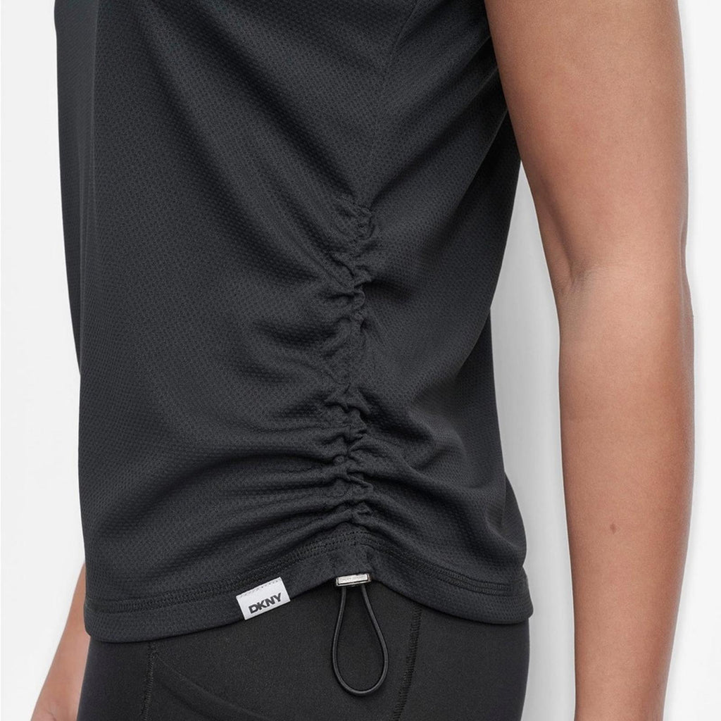 DKNY Tech-Mesh Performance V-Neck Tech Tee w/Ruched Drawcord Side Seams, NWT, M