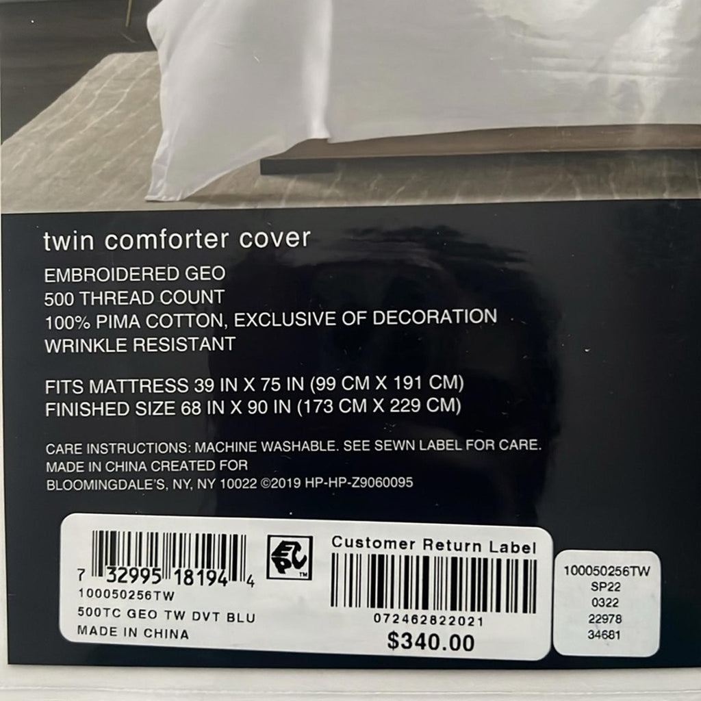 Hudson Park Collection Blue 500TC Embroidered Geo Duvet Cover, Twin NWT $340