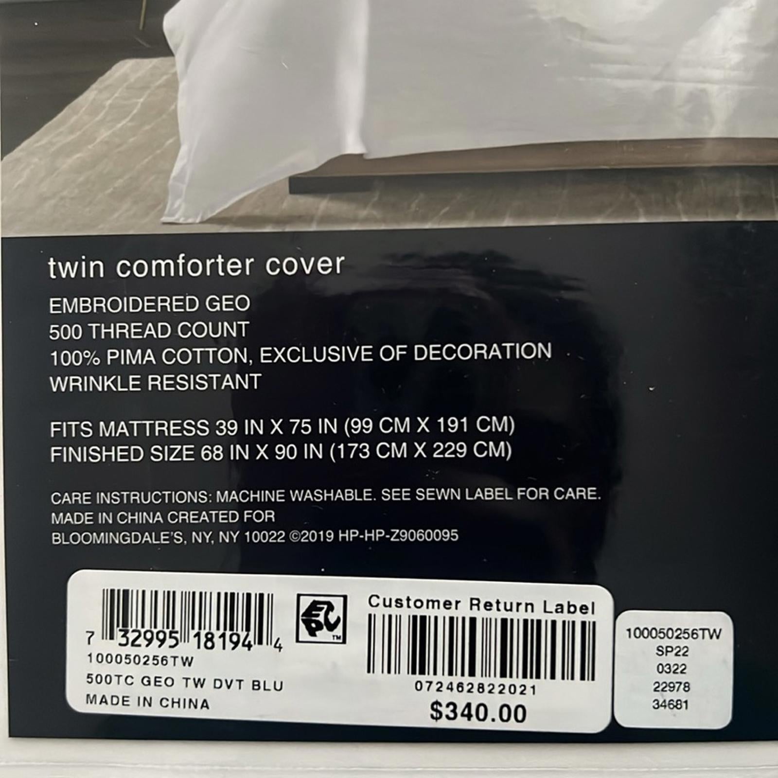 Hudson Park Collection Blue 500TC Embroidered Geo Duvet Cover, Twin NWT $340
