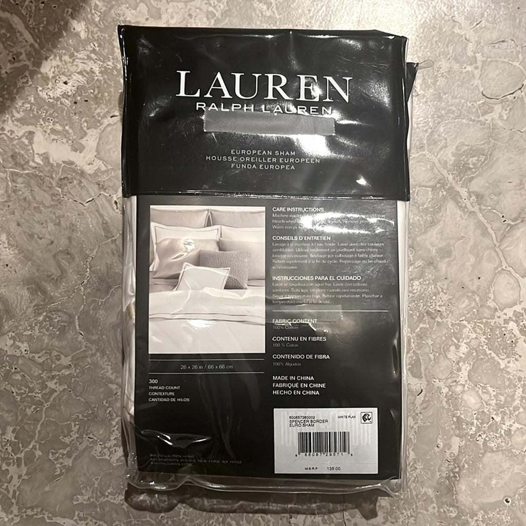 TWO Ralph Lauren EURO White & Flax Spencer Sateen Border Sham, New with Tag