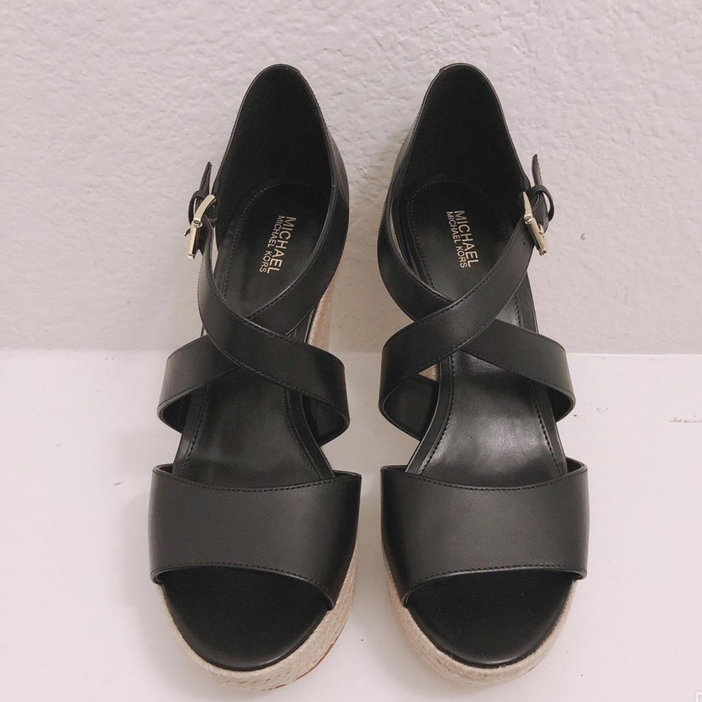 NEW Michael Kors Leather Wedge Sandals Espadrilles Black, Size 9.5 Retail $139