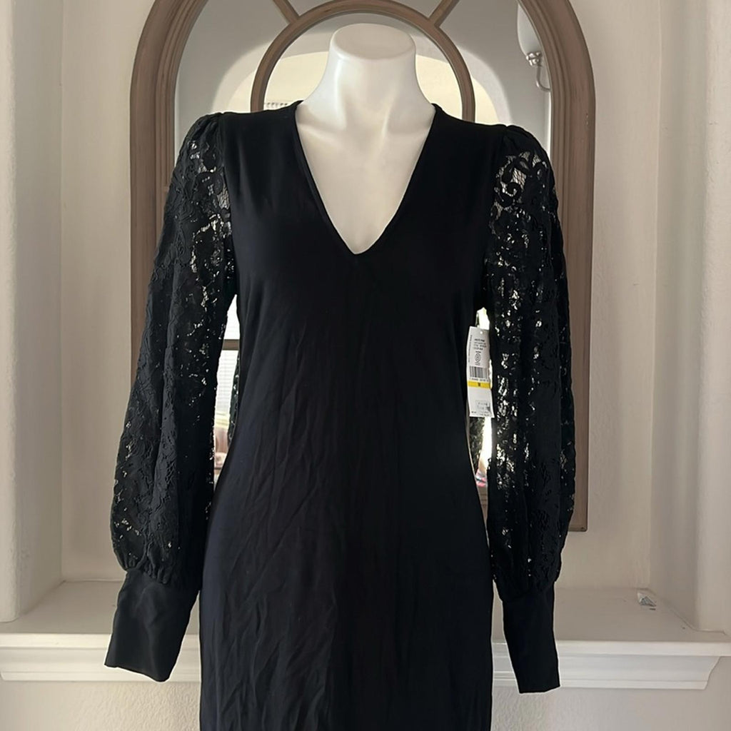 Karen Kane Lace V-Neck Midi Dress w/Lace Sleeves in Black, Size S New w/Tag $158