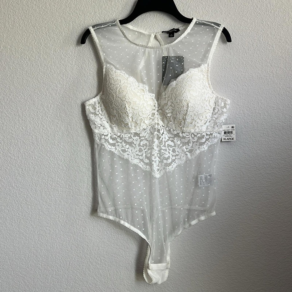 INC Cupped Swiss Dot Thong Bodysuit in Washed White, Size XL, New w/Tag