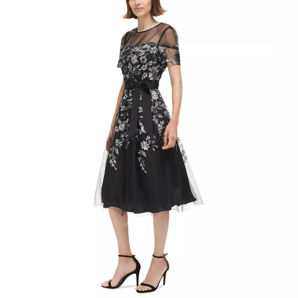 Eliza J. Embroidered Illusion Fit & Flare Dress w/Pockets Black Size 2 New w/Tag
